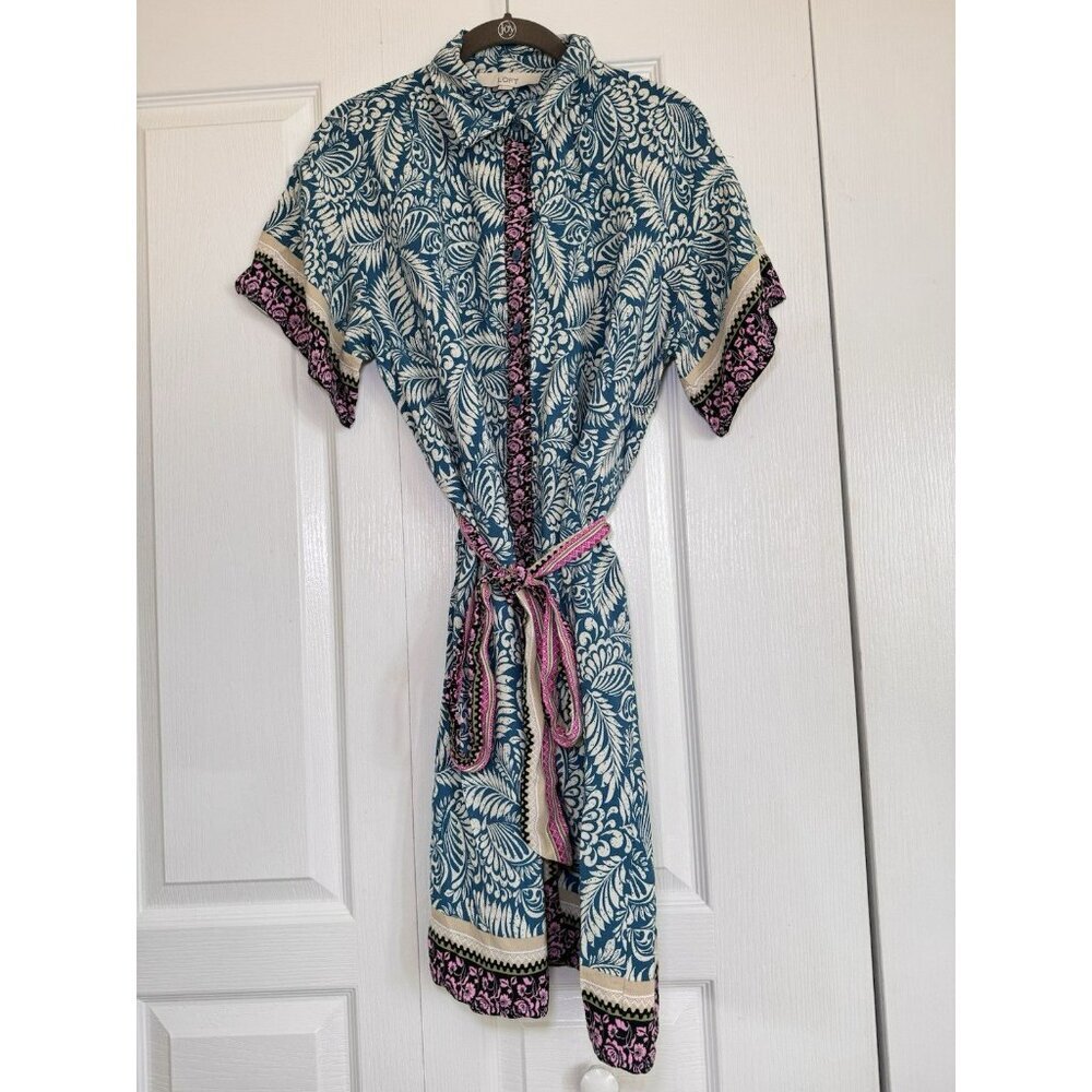 LOFT Printed Shirt Dress Belted Teal Pink Floral Boho Short Sleeve Size 8 - Picture 2 of 13